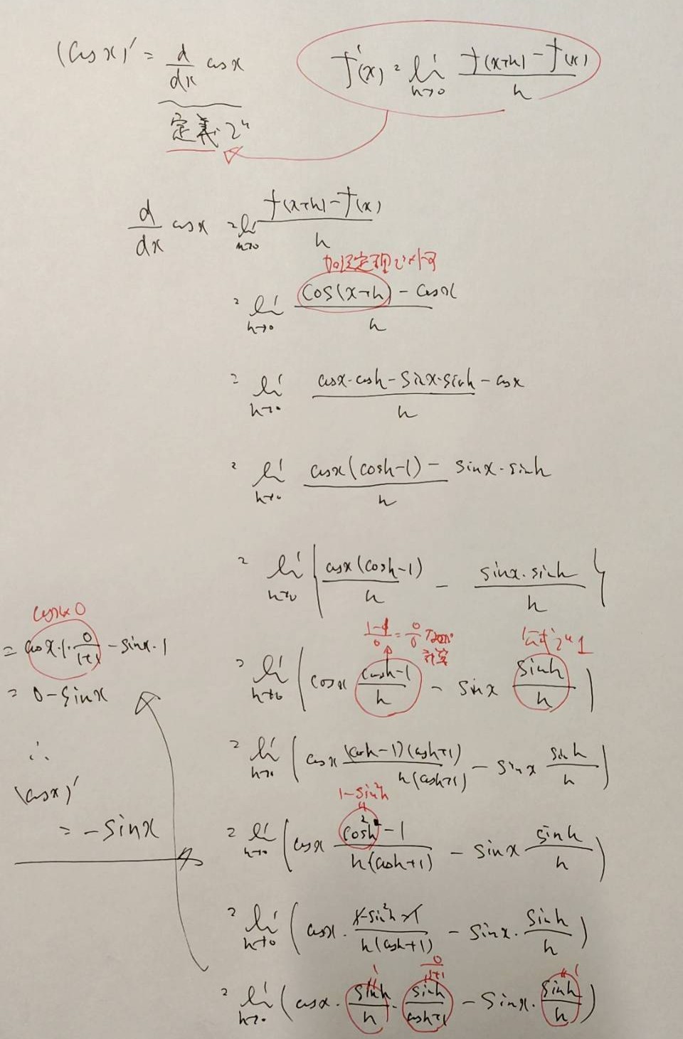 cos x の導関数を定義から導いた手書きの計算過程